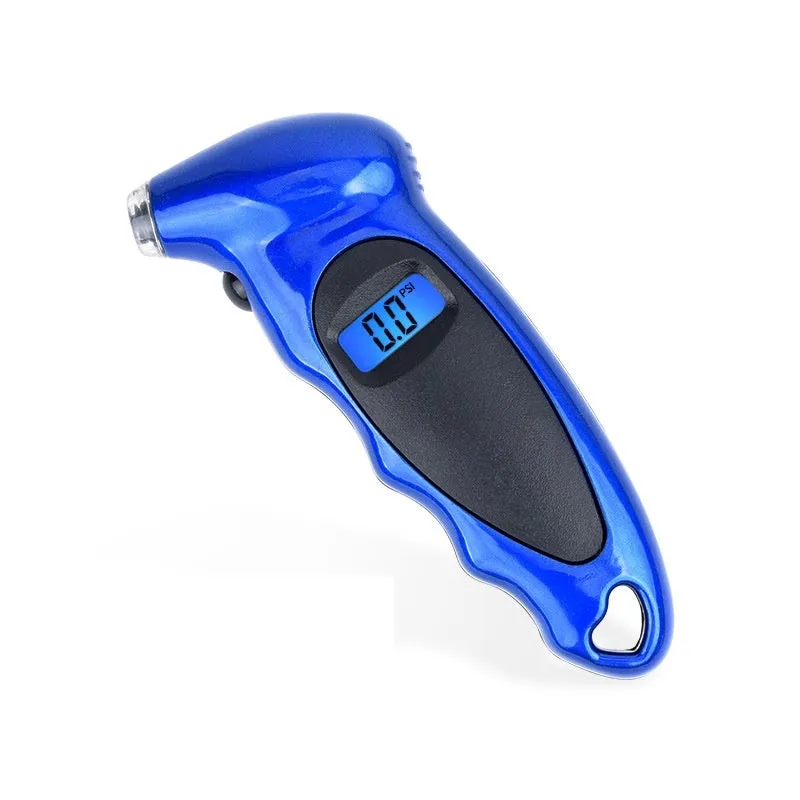 Digital tyre pressure gauge with four-unit LCD display, compact 13.8 cm design, in black