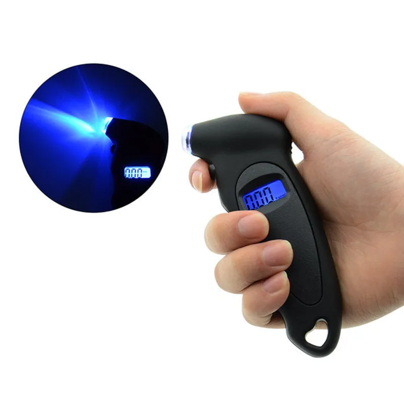 Digital tyre pressure gauge with four-unit LCD display, compact 13.8 cm design, in black