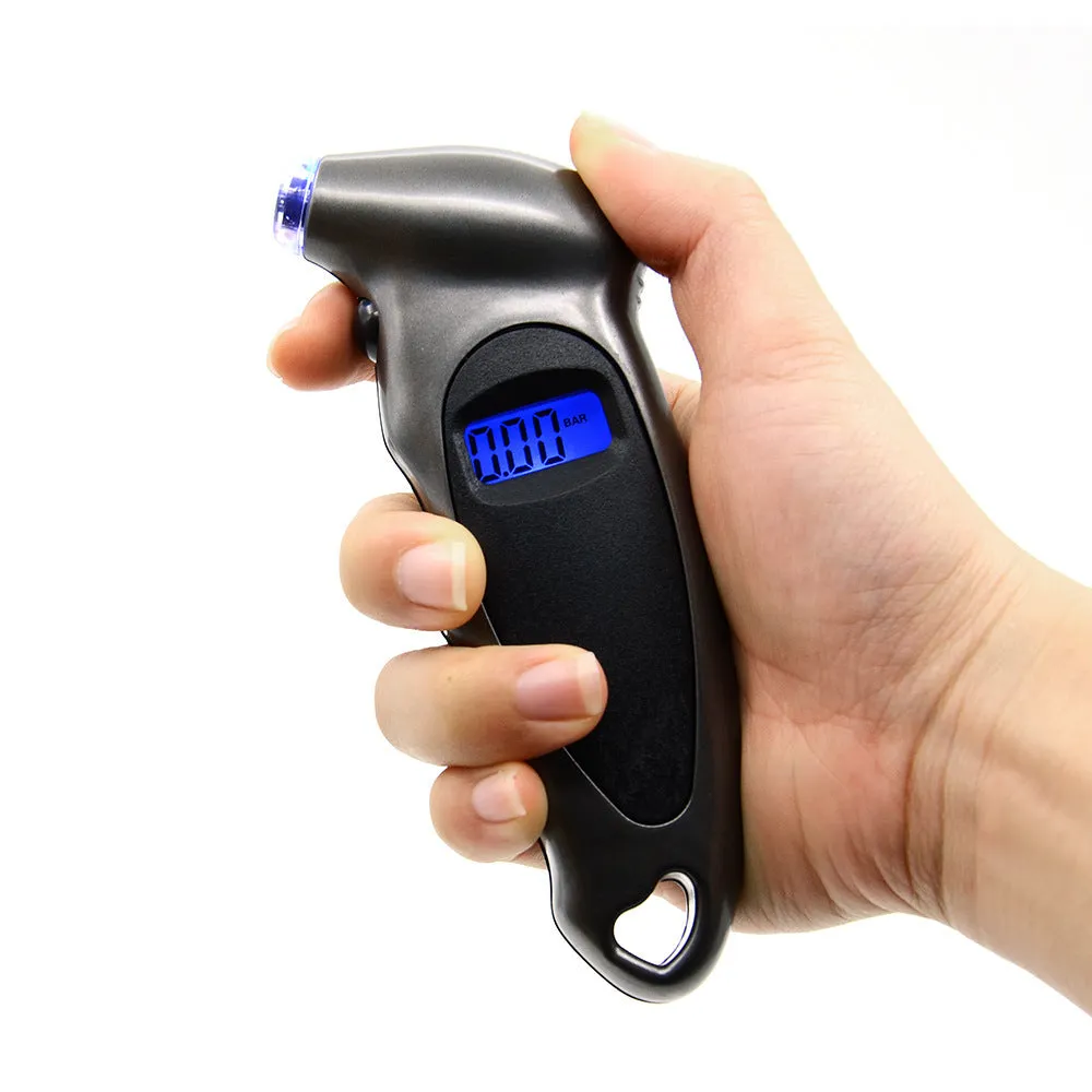 Digital tyre pressure gauge with four-unit LCD display, compact 13.8 cm design, in black