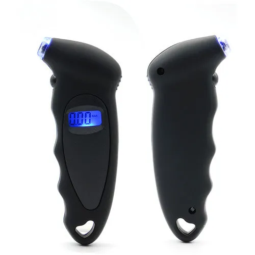 Digital tyre pressure gauge with four-unit LCD display, compact 13.8 cm design, in black