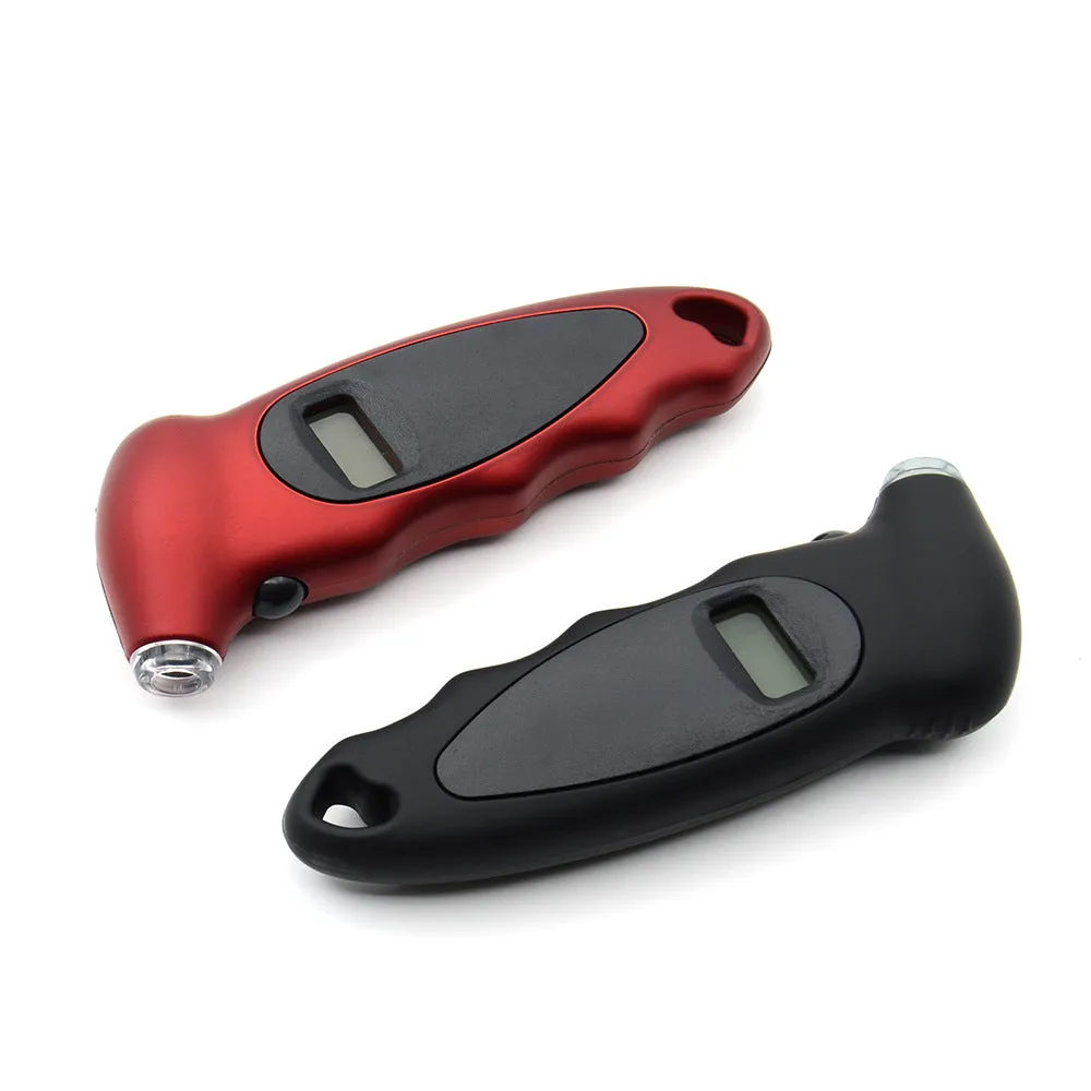 Digital tyre pressure gauge with four-unit LCD display, compact 13.8 cm design, in black