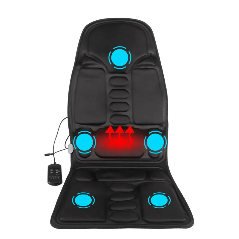 Car massage cushion with handheld remote, luxury fabric, rectangular trapezoid shape, 5 motors for neck, back, waist, and leg relief