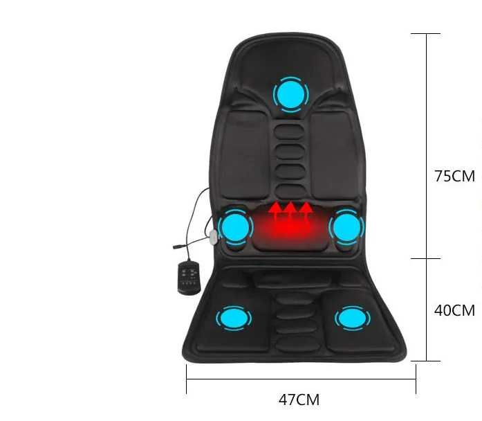 Car massage cushion with handheld remote, luxury fabric, rectangular trapezoid shape, 5 motors for neck, back, waist, and leg relief