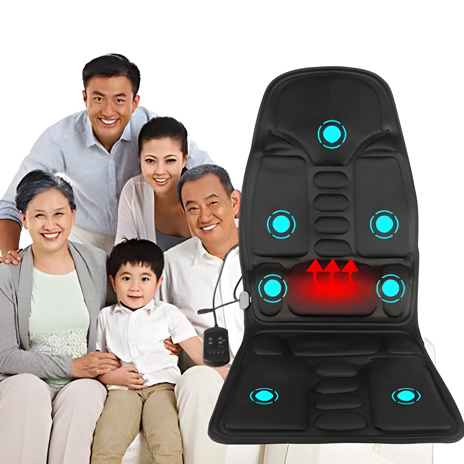 Car massage cushion with handheld remote, luxury fabric, rectangular trapezoid shape, 5 motors for neck, back, waist, and leg relief