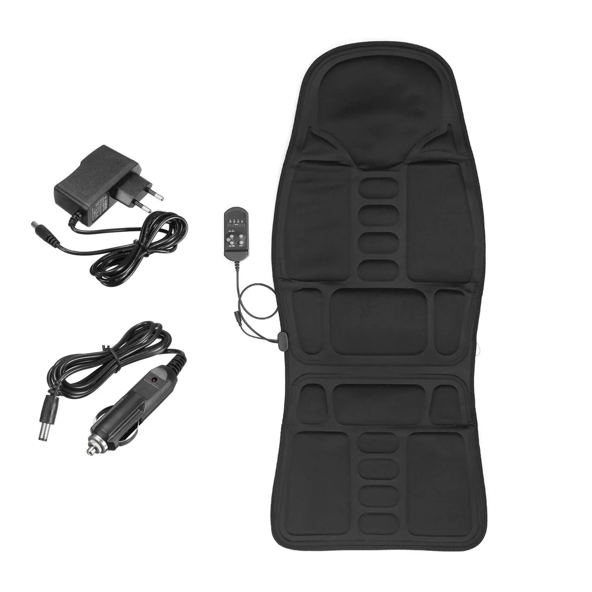 Car massage cushion with handheld remote, luxury fabric, rectangular trapezoid shape, 5 motors for neck, back, waist, and leg relief