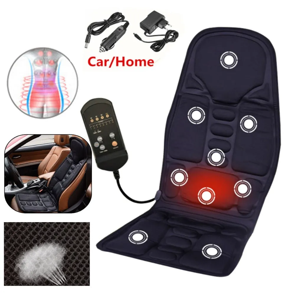 Car massage cushion with handheld remote, luxury fabric, rectangular trapezoid shape, 5 motors for neck, back, waist, and leg relief
