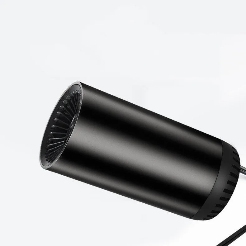 Portable 150W car heater with 360-degree rotating bracket, black and grey, 15x7cm, for defrosting and defogging vehicle windscreens