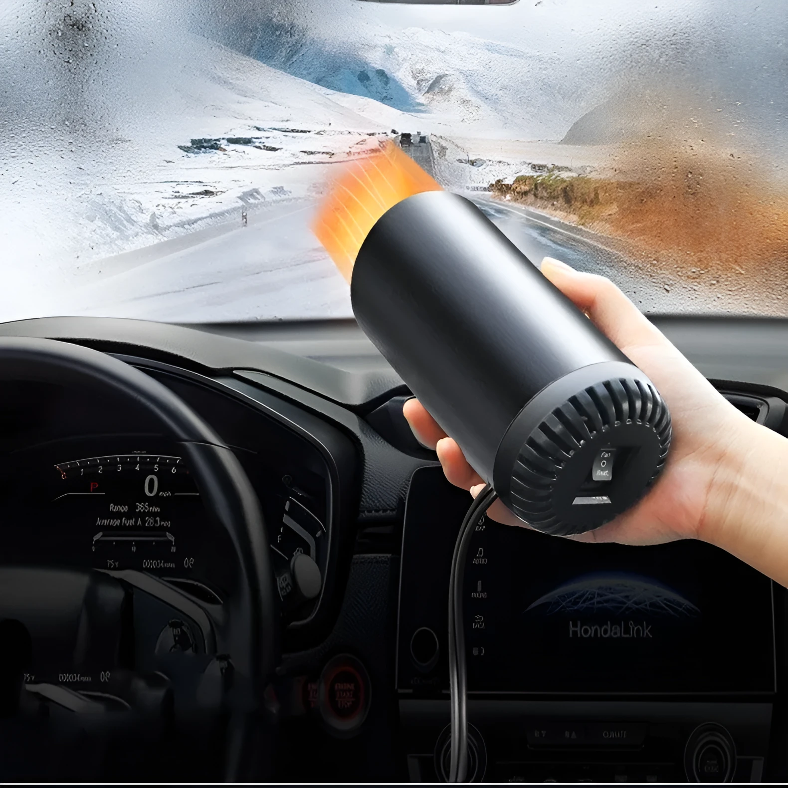 Portable 150W car heater with 360-degree rotating bracket, black and grey, 15x7cm, for defrosting and defogging vehicle windscreens