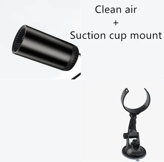 Portable 150W car heater with 360-degree rotating bracket, black and grey, 15x7cm, for defrosting and defogging vehicle windscreens