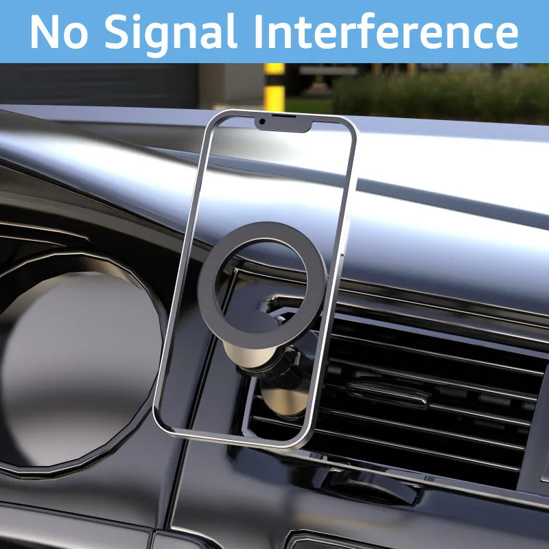 Black magnetic car phone holder mounted on vehicle air vent