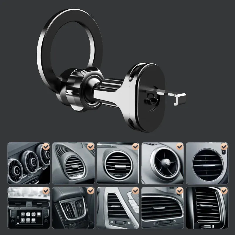 Black magnetic car phone holder mounted on vehicle air vent