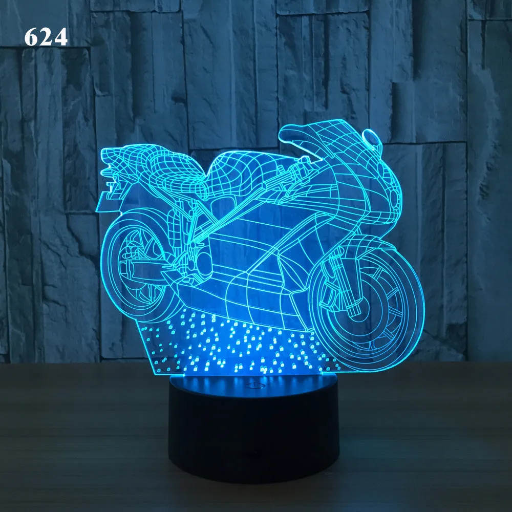 Motorcycle LED desk lamp with black base and acrylic shade on a wooden desk, 220x130x90mm