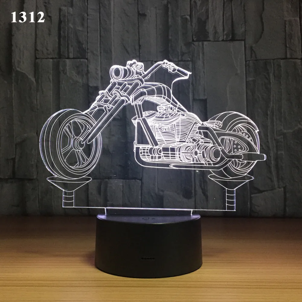 Motorcycle LED desk lamp with black base and acrylic shade on a wooden desk, 220x130x90mm