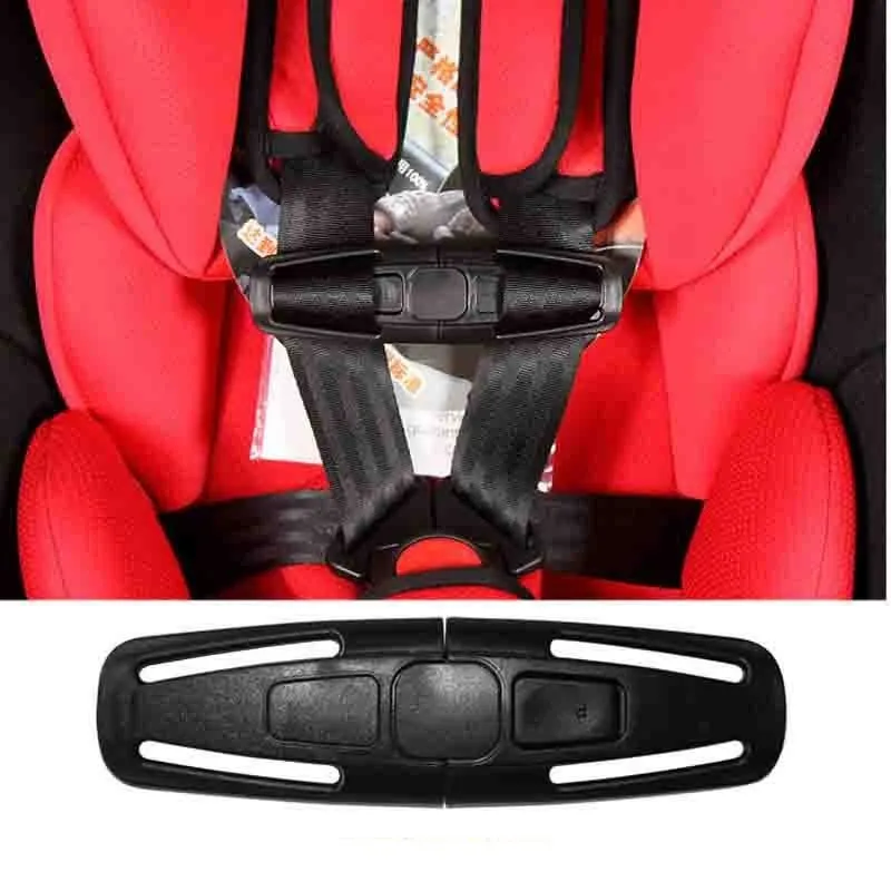 Black nylon child car seat harness buckle lock button measuring 14.5 by 4 centimetres.
