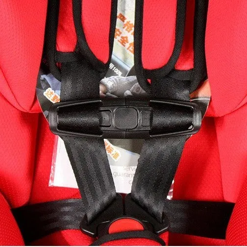 Black nylon child car seat harness buckle lock button measuring 14.5 by 4 centimetres.