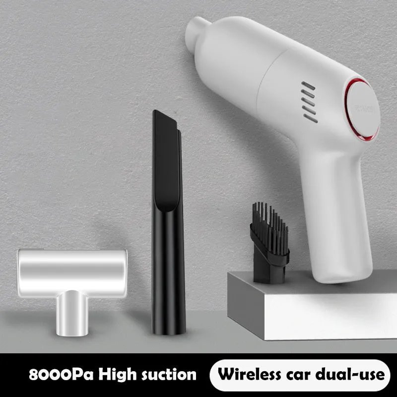 Mini car vacuum cleaner with 8000 Pa suction, 120W power, and USB charging cable in black finish