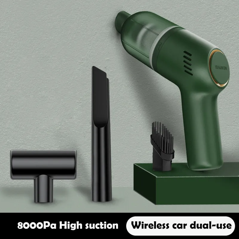 Mini car vacuum cleaner with 8000 Pa suction, 120W power, and USB charging cable in black finish