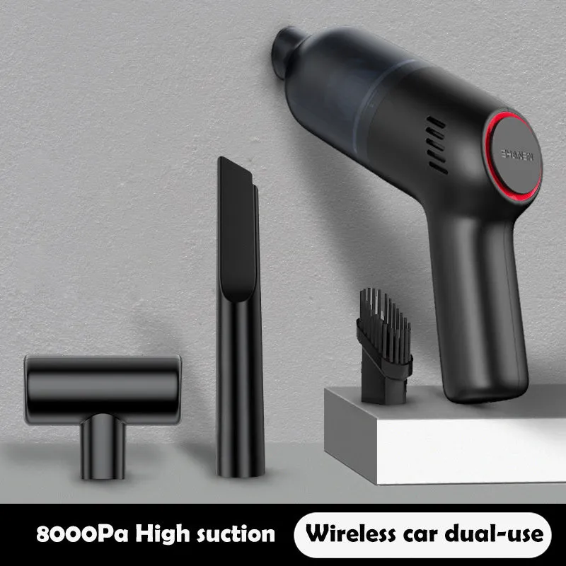 Mini car vacuum cleaner with 8000 Pa suction, 120W power, and USB charging cable in black finish