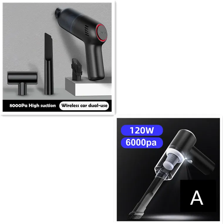Mini car vacuum cleaner with 8000 Pa suction, 120W power, and USB charging cable in black finish