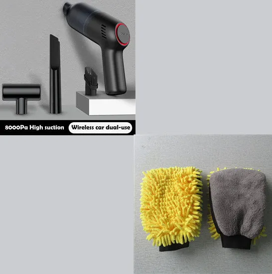 Mini car vacuum cleaner with 8000 Pa suction, 120W power, and USB charging cable in black finish