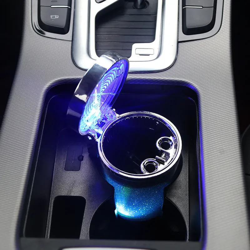 Silver car ashtray with RGB LED light, compact size 10x8x6cm, flame-retardant ABS construction