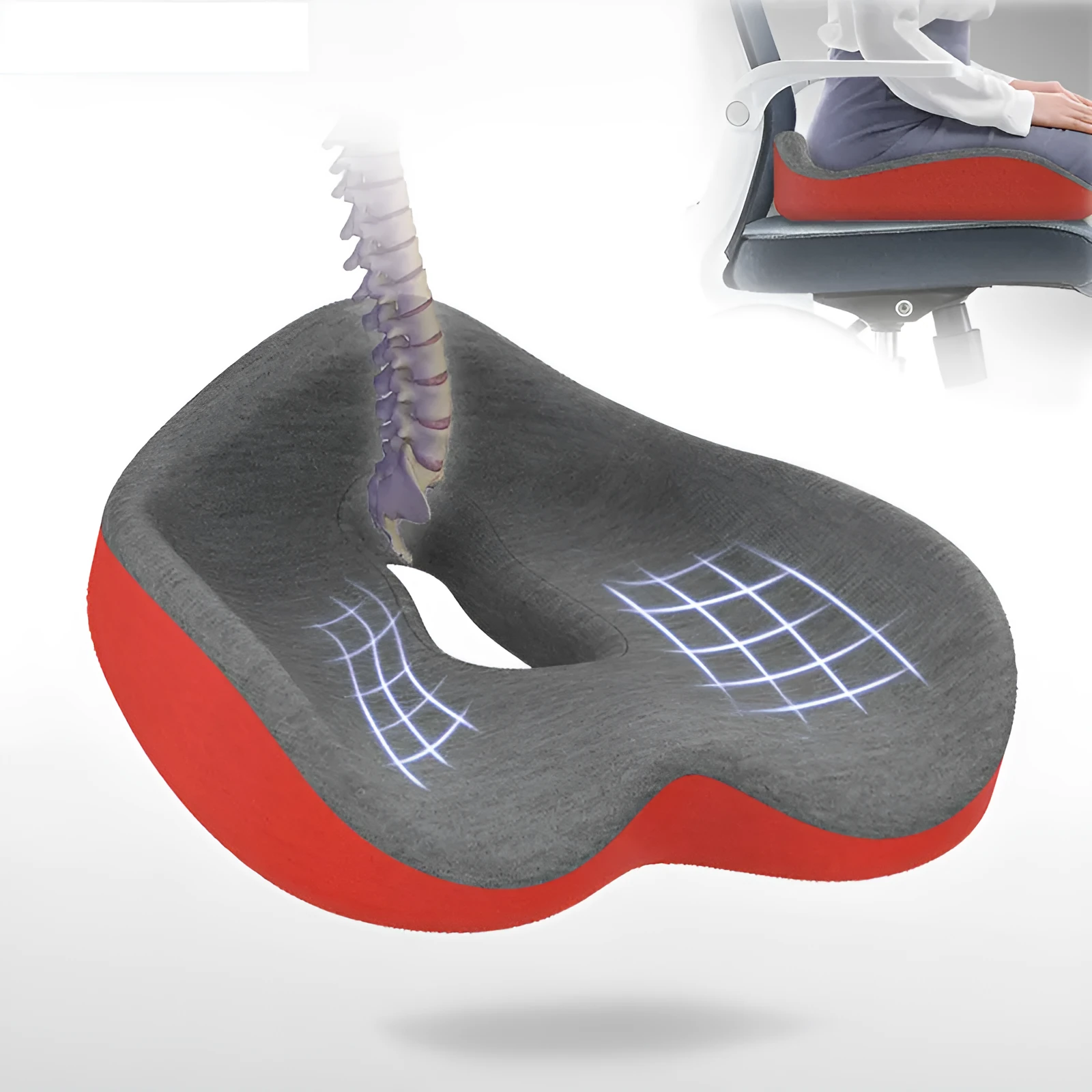 Memory foam seat cushion in light grey and navy blue on an office chair, 43x36x14cm