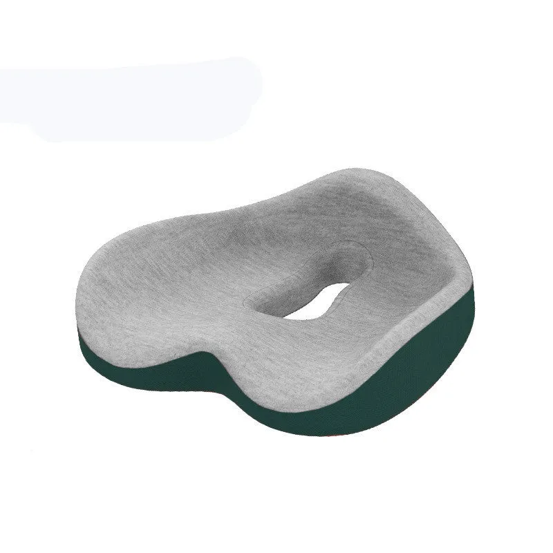 Memory foam seat cushion in light grey and navy blue on an office chair, 43x36x14cm