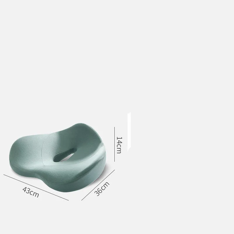 Memory foam seat cushion in light grey and navy blue on an office chair, 43x36x14cm