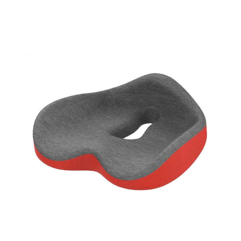 Memory foam seat cushion in light grey and navy blue on an office chair, 43x36x14cm