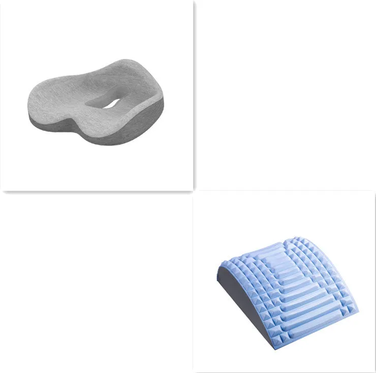 Memory foam seat cushion in light grey and navy blue on an office chair, 43x36x14cm