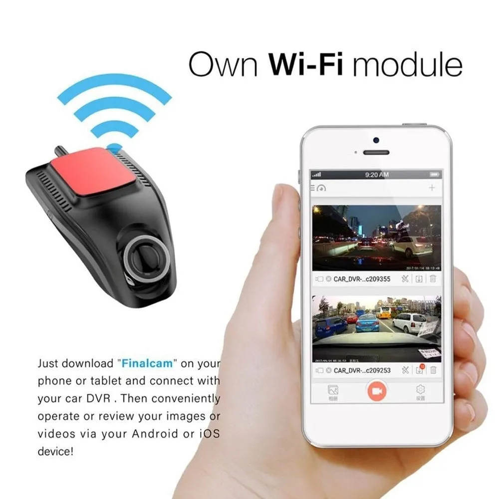 Small Eye dash cam car DVR with Full HD 1080p recording, 165 degree wide angle lens, and wifi connectivity on windscreen mount