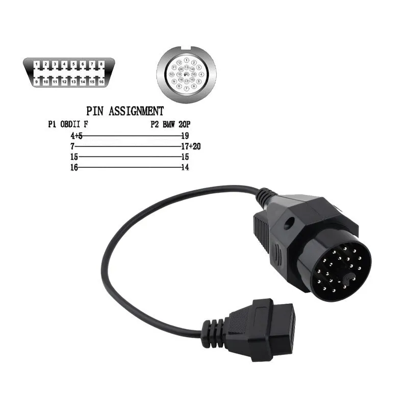 BMW OBD2 20-pin to 16-pin diagnostic adapter cable with connectors.