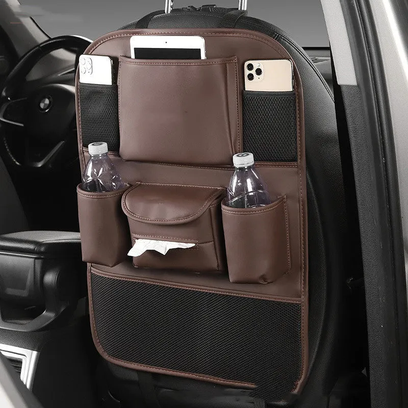 Leather car seat back storage bag in black grey green or brown hanging behind vehicle seat