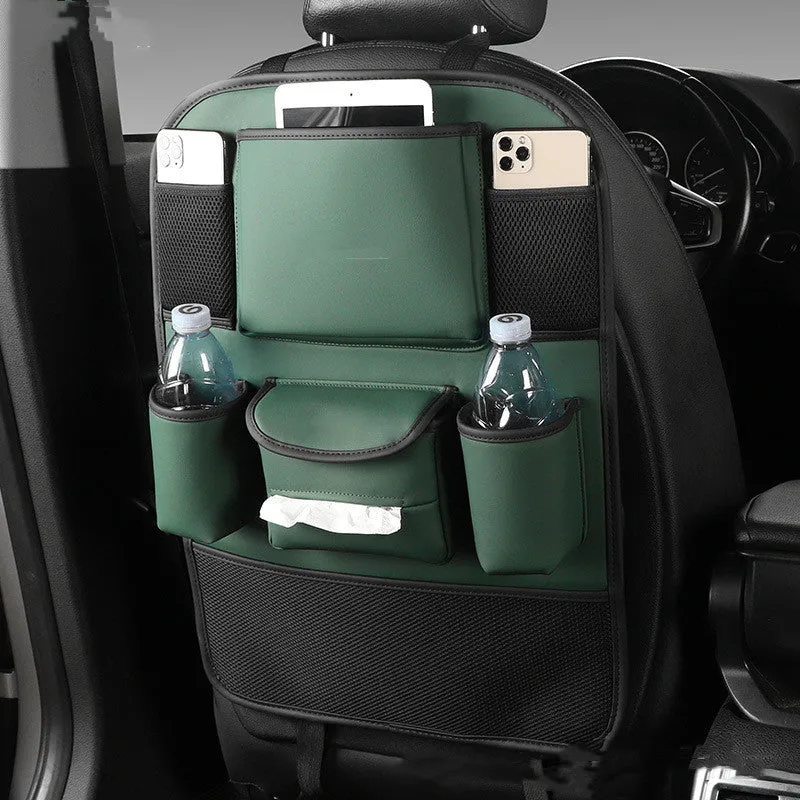 Leather car seat back storage bag in black grey green or brown hanging behind vehicle seat