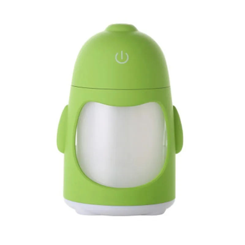 Penguin car humidifier with blue body, USB cable, and mist coming from the top