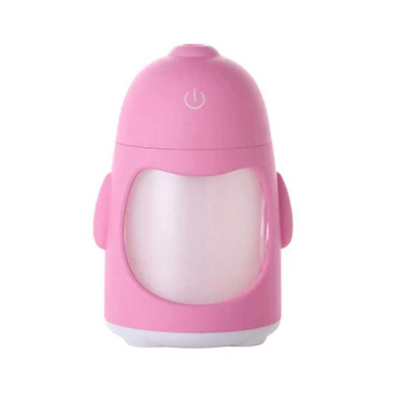 Penguin car humidifier with blue body, USB cable, and mist coming from the top