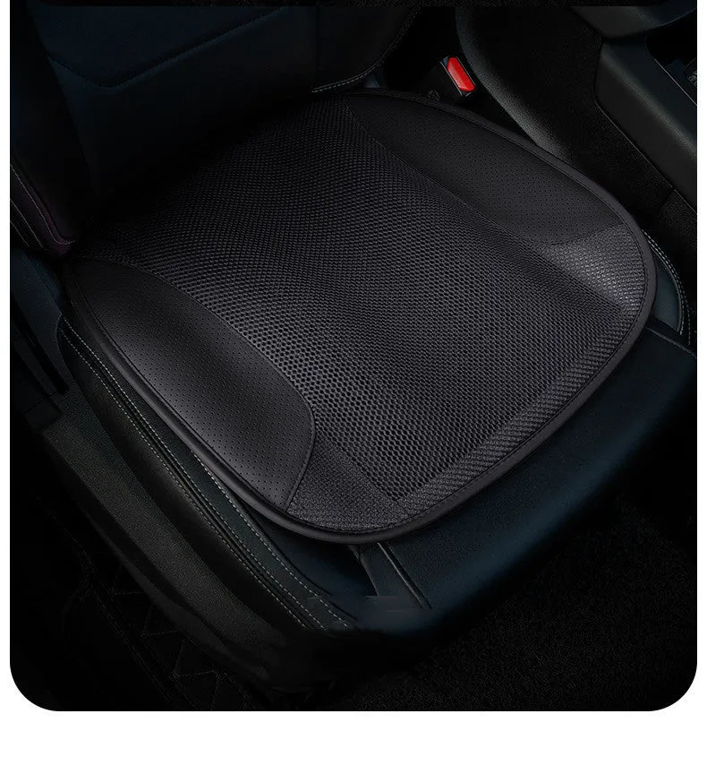 Black USB-powered ventilated car seat cushion with cooling fans, shown on a car seat.