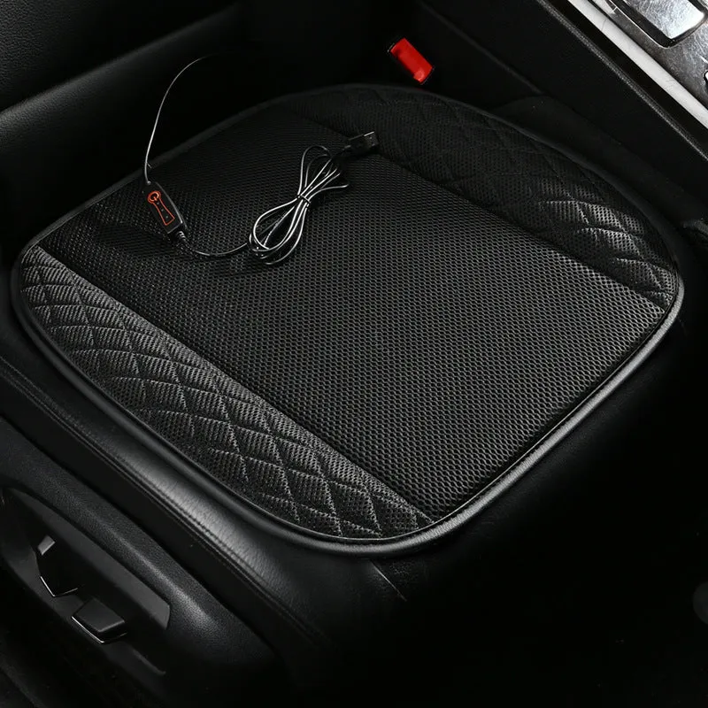 Black USB-powered ventilated car seat cushion with cooling fans, shown on a car seat.