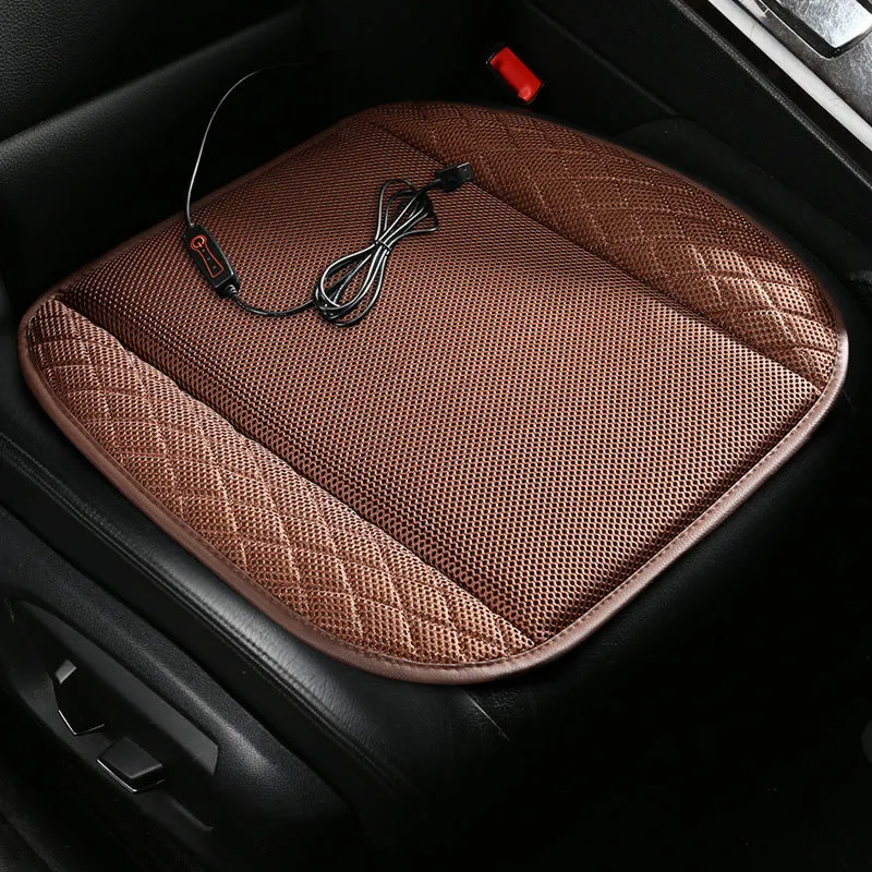 Black USB-powered ventilated car seat cushion with cooling fans, shown on a car seat.