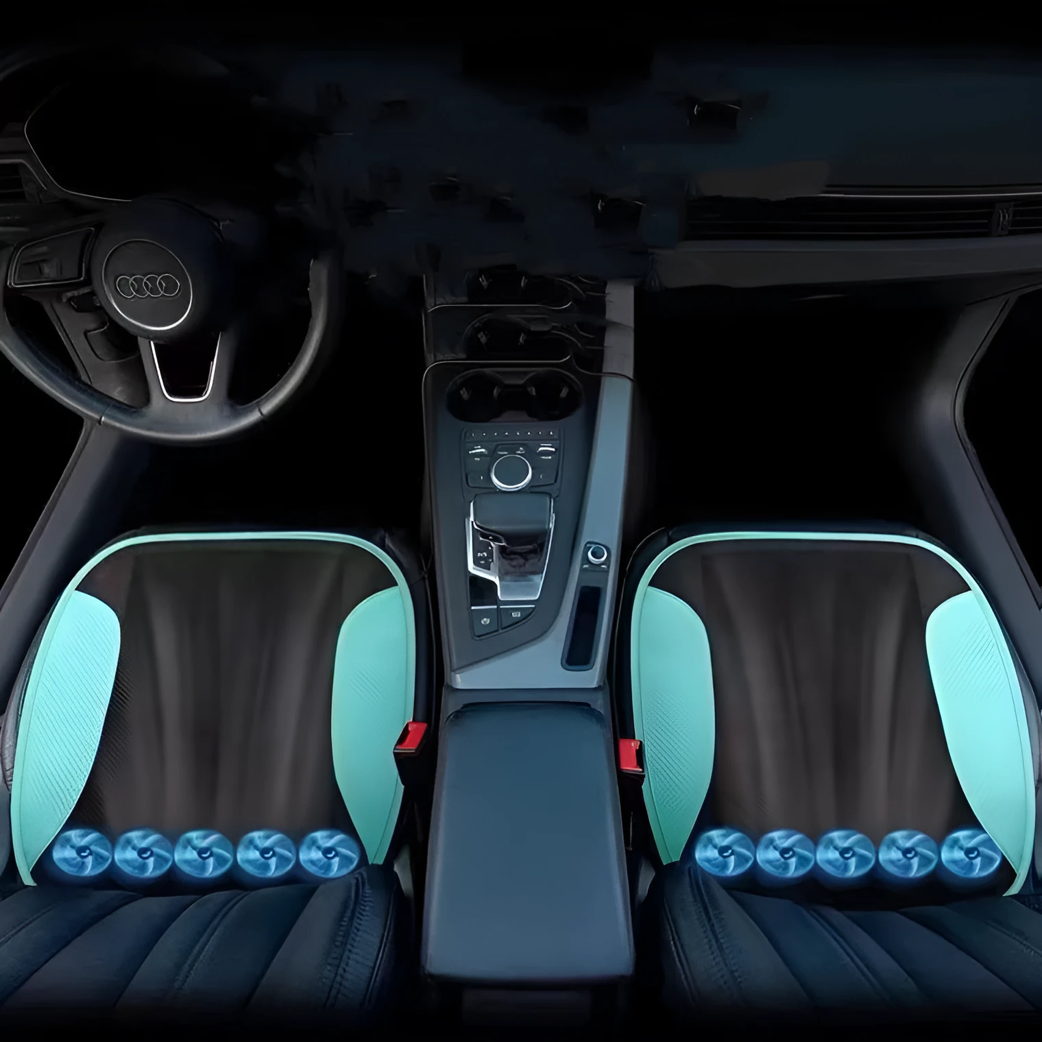 Black USB-powered ventilated car seat cushion with cooling fans, shown on a car seat.