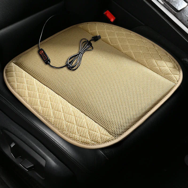 Black USB-powered ventilated car seat cushion with cooling fans, shown on a car seat.