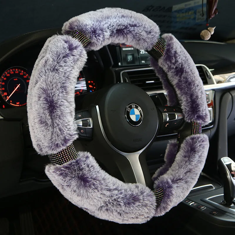 Winter plush car steering wheel cover with Korean diamond pattern in imitation leather, 38cm diameter, gray-black colour