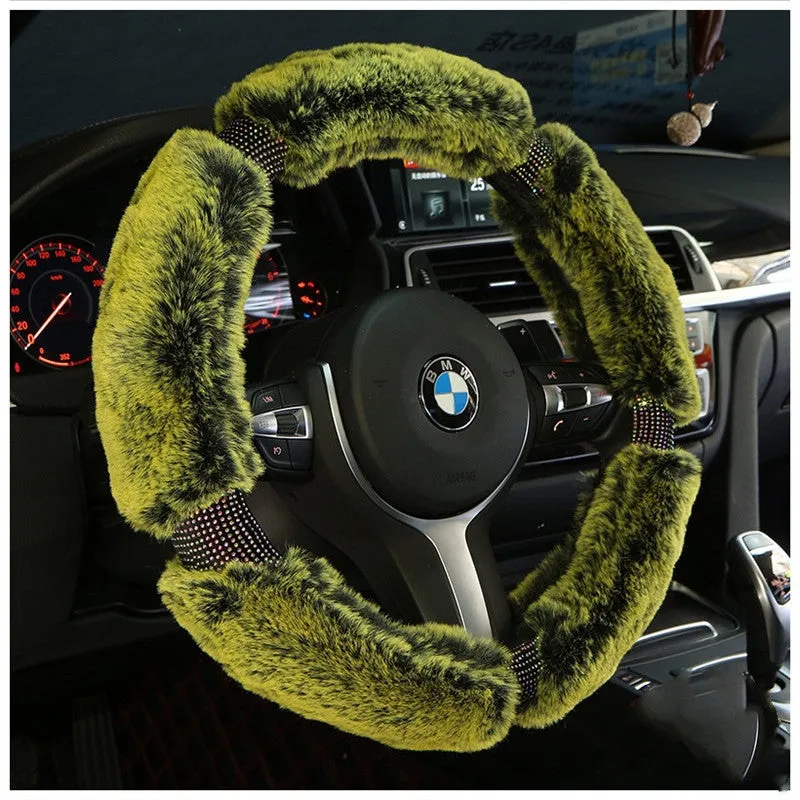 Winter plush car steering wheel cover with Korean diamond pattern in imitation leather, 38cm diameter, gray-black colour
