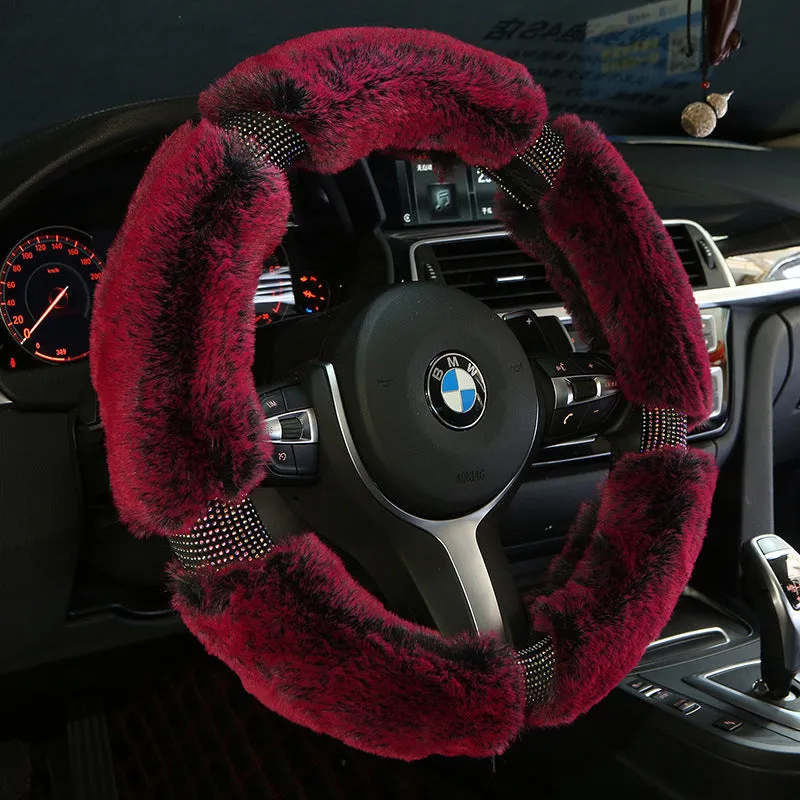 Winter plush car steering wheel cover with Korean diamond pattern in imitation leather, 38cm diameter, gray-black colour