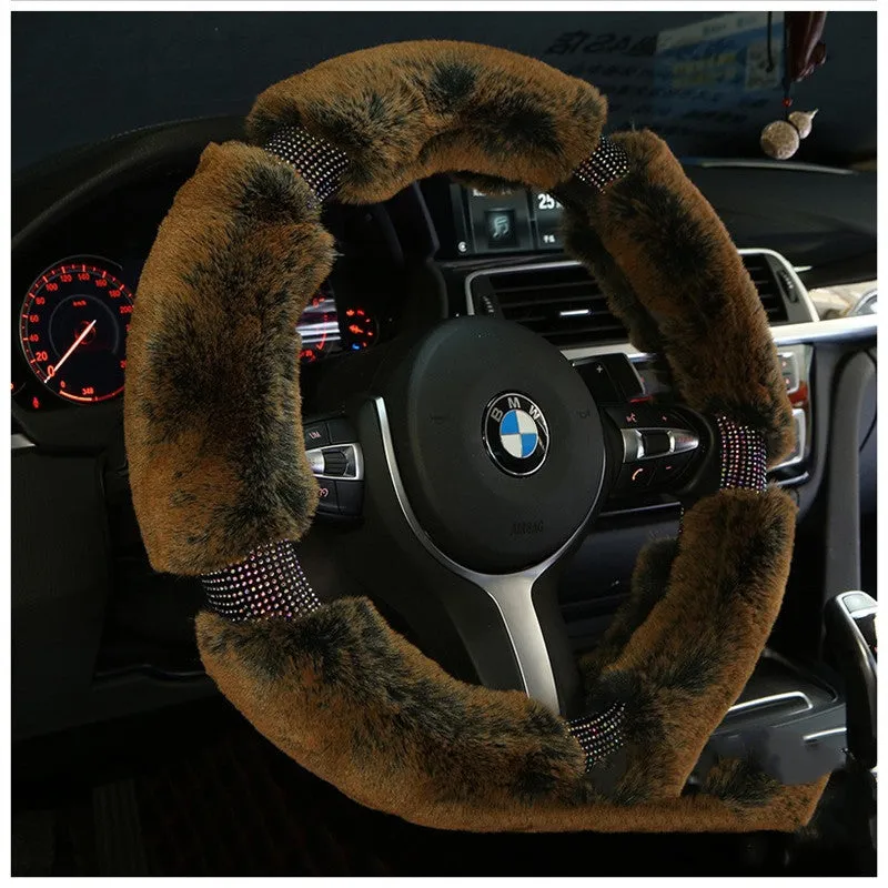 Winter plush car steering wheel cover with Korean diamond pattern in imitation leather, 38cm diameter, gray-black colour