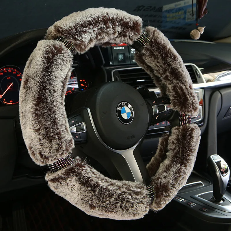Winter plush car steering wheel cover with Korean diamond pattern in imitation leather, 38cm diameter, gray-black colour
