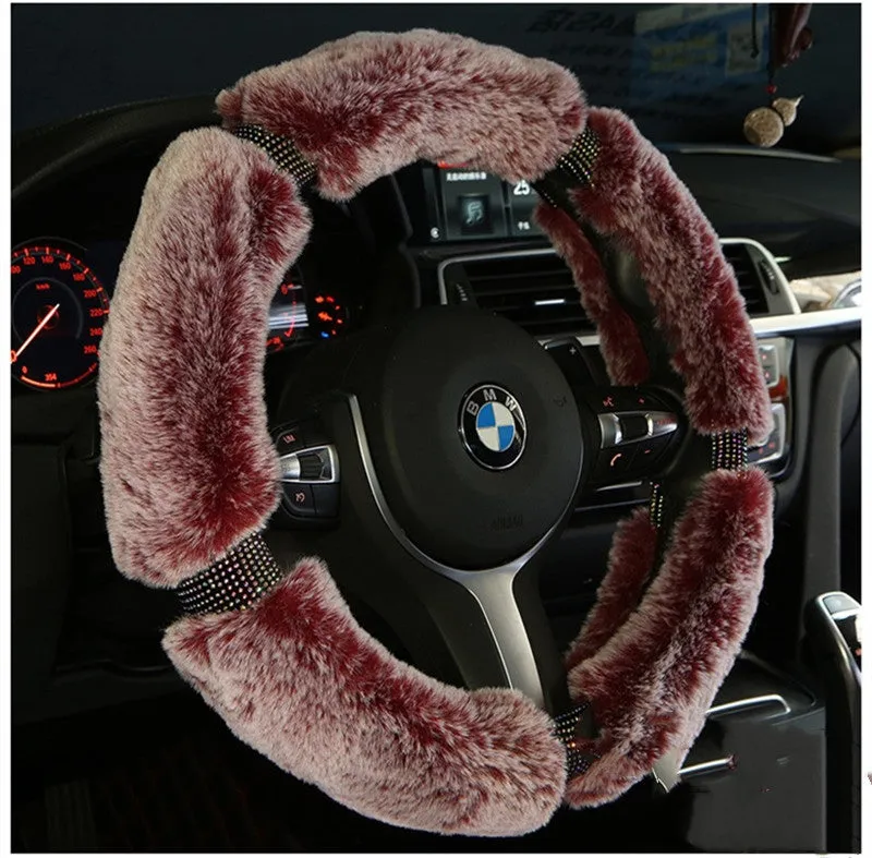 Winter plush car steering wheel cover with Korean diamond pattern in imitation leather, 38cm diameter, gray-black colour