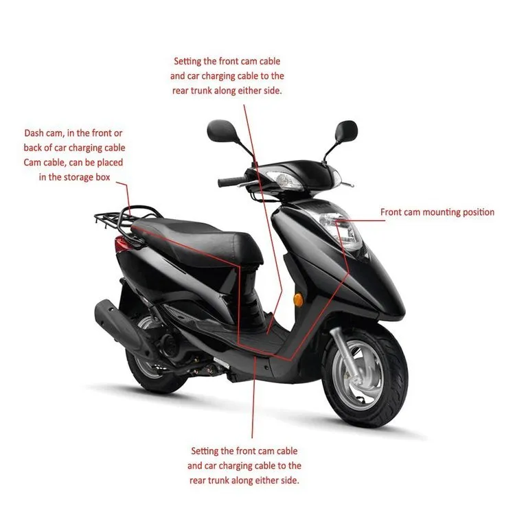 Black motorcycle dash cam with dual lenses and 3-inch screen mounted on handlebars
