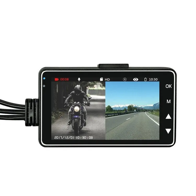 Black motorcycle dash cam with dual lenses and 3-inch screen mounted on handlebars