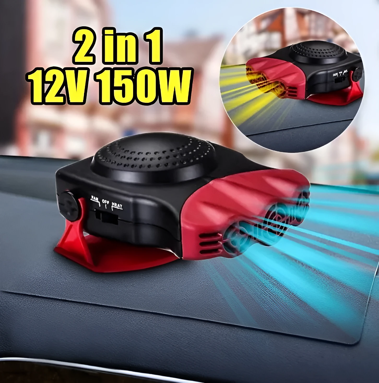 Portable car windshield defroster fan in black and red ABS housing on dashboard with power cable